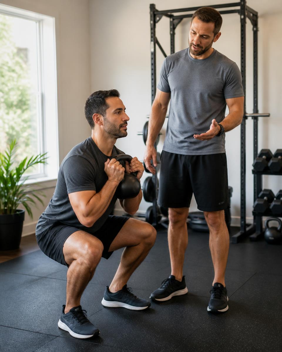 Jonathan Talks coaching a client through a kettlebell goblet squat in the studio